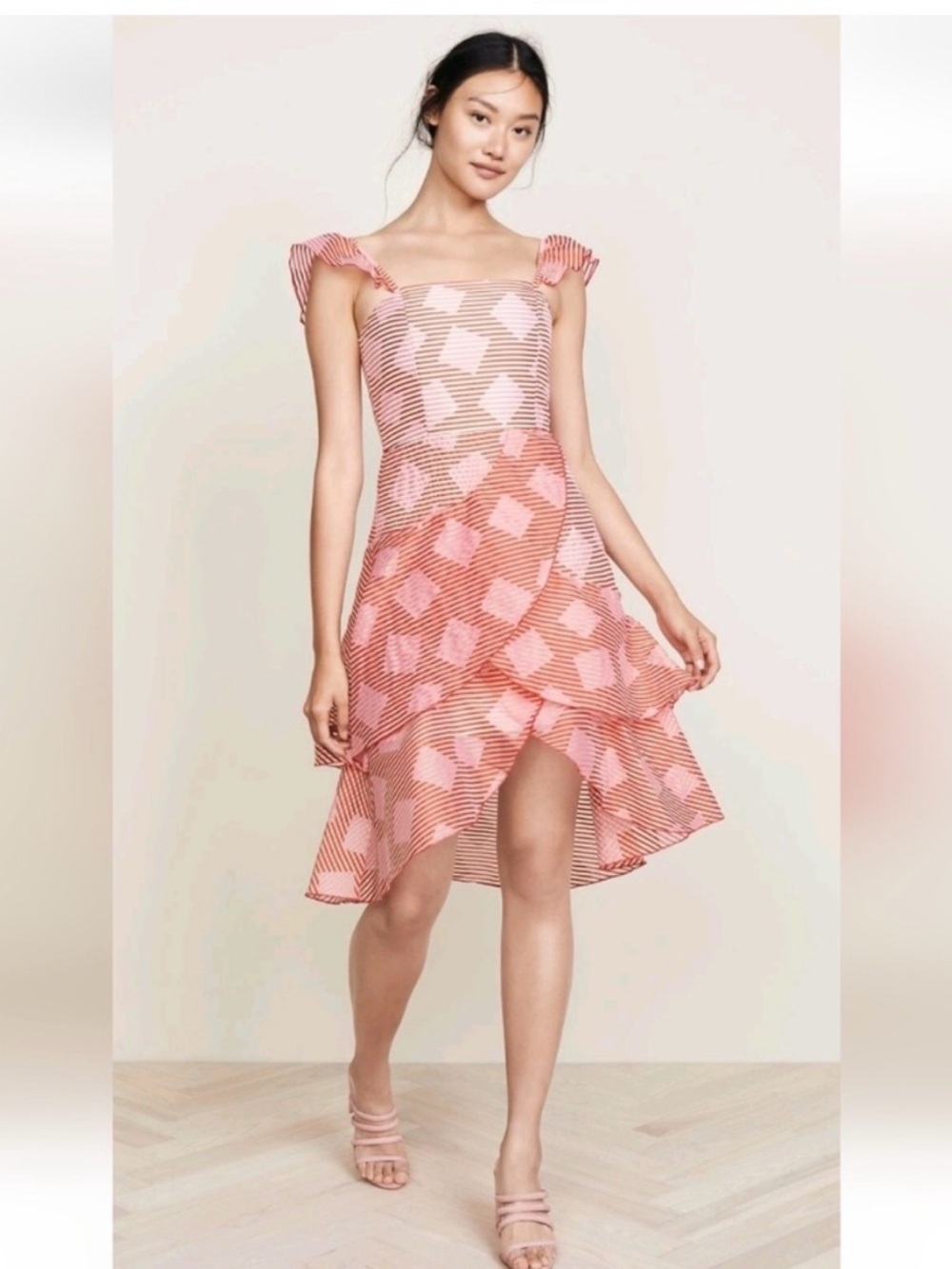 Alice + Olivia Azura Waterfall Ruffle Midi Dress — Pink/Red — Size 4